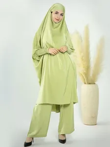 Ethnic Clothing Eid Satin Jilbab 2 Piece Set Hooded Muslim Women Islamic Prayer Clothes Long Khimar Abaya Straight Pants Trousers Dubai