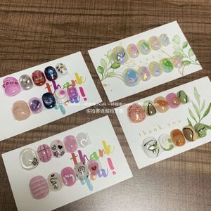 Unhas falsas pintadas à mão em cores de desenhos animados, lindas e doces, médias, quadradas, redondas, usando prensa em unhas falsas para colar nas unhas 240104