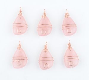 Partihandel Natural Stone Rose Quartz Copper Wrap Pendant Oregelbunden geometrisk pärla Rose Gold Color Dingle Charms smycken DN41757953827