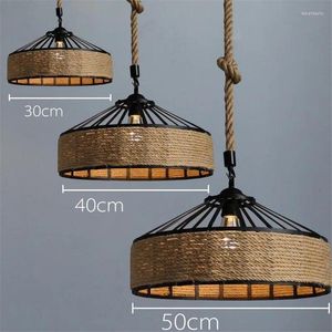 Pendant Lamps 30/40/50cm Vintage Industrial Rope Iron Chain Hanging Lamp Bar Restaurant Round Chandelier Decor Night Light (Without