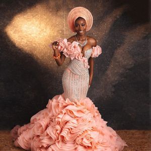 Afrikansk traditionell brudklänning lyxig pärlstav ruffles sjöjungfru bröllopsklänningar aso ebi stil bröllop fest klänning ankara klänning