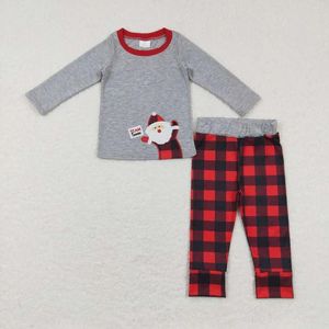 Set di abbigliamento all'ingrosso Abbigliamento per bambini per neonati Ricamato Natale Babbo Natale Pantalone grigio a maniche lunghe a quadri rosso e nero