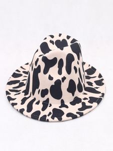 2021 New Black White Cow Print Wide Brim Fedora Hats for Women Party Festival Men Jazz Cap Goth Top Vintage Wedding Hat9485287