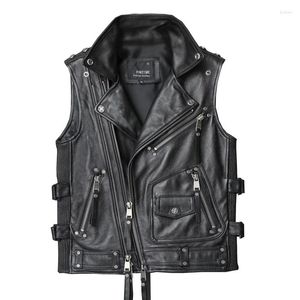 Men's Vests Black Spring Leather Vest Men Motorcycle Style Plus Size 5XL Natural Cowhide Slim Fit Short Diagonal Zipper Genuine