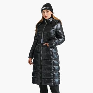 レザーサンテロン冬の長いパーカーコート女性のためのカジュアルブラック太い暖かい暖かいパフジャケットを調整可能なウエストファッションフード付きアウター