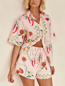 Women's Tracksuits Women 2 Pieces Short Sets Summer Fruits Vegetable Prints Lapel Buttons Sleeve Tops Shorts Pajamas Casual Comfy Loungewear