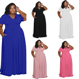 3XL 4XL 5XL Plus Size Vestidos Designer Roupas Moda Casual Lapela Cor Sólida Saia Longa Manga Curta Mulheres Sexy Maxi Vestido