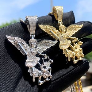 Hip Hop Battle Angel Pendant Necklace Full 5A Zircon 18k Real Gold Plated Cool Men Jewelry