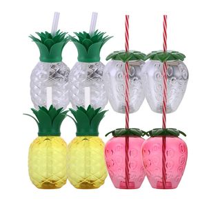 Summer Hawaiian Party Pineapple Strawberry Cup with Straw Children Plastic Drinking Flamingo Luau Birthday Decorations 240103