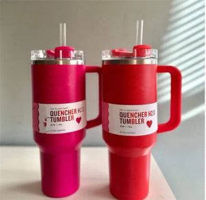 US Stock 40oz Quencher Tumblers Pink Cosmo Parada Flamingo rostfritt stål Valentines Day Presentkoppar med silikonhandtag lock och halm 2: a generationens bilmuggar G104