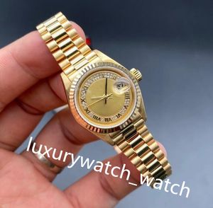 Klasik Lüks Kadınlar İzle Romen Diamond Dial 69178 26mm/31mm büyük büyüteç su geçirmez Mekanik Sarı Altın Çelik Bilezik Klasik Safir Saatler Kutu