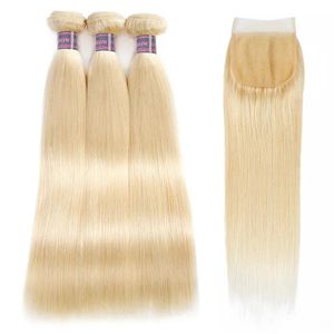 Tressen Ishow Brasilianische Gerade Extensions Spitze Verschluss 613 Blonde Farbe 3 stücke Menschliches Haar Bundles mit Verschluss für Frauen Mädchen 828 zoll