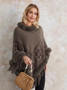 Kvinnors tröjor sjal poncho tröja plysch trim krage tofs rockar bohemiskt tryck vintage stickade toppar cape stickwear vår vinter vinter