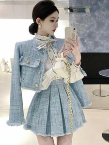 High Quality Fashion Tassel Design Small Fragrance 2 Piece Sets Women Outfit Long Sleeve Short Jacket Coat Pleated Skirt Suits 240103