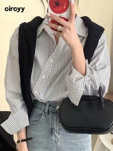 Women's Blouses Circyy Blouse Women Irregular Blue Black Striped Long Sleeve Button Up Shirts Turn-down Collar Tops 2024 Spring Designer