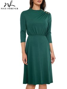 Vestidos niceforever outono feminino elegante simples com botão vestidos de negócios formais retro ajuste e alargamento vestido a316