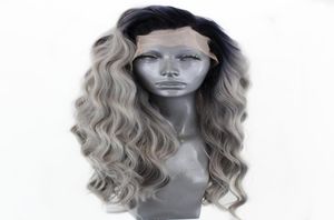 Ombre Gray Color Heat Resistant Fiber Hair Synthetic Lace Front Wig Long Wavy Two Tone Grey Cosplay Wigs for Women6989959