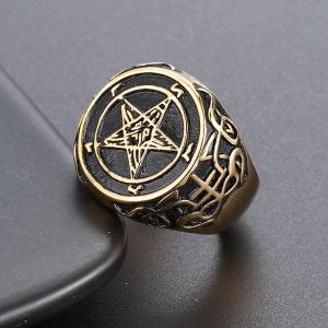 Anel de ouro branco 14k para homens, anel de pentagrama de cabra baphomet, leviatã satânico, cruz gótica, anéis de bruxa, joias para homens