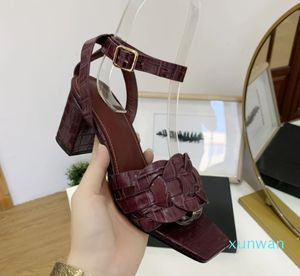 Luxury medium chunky heel sandal, women's cowhile-leather high heel measuring shoe flat heel 6.5cm stone grain series