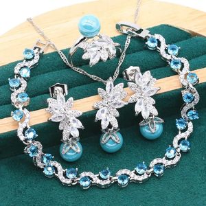 925 Sterling Silver Jewelry Set For Women Bride Blue Pearl Bracelet Pierced Earrings Necklace Pendant Ring Wedding Gift 4PCS 240103