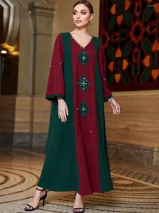 Ethnic Clothing Muslim Women Dubai Abaya Dress Kaftan Robe Fashion Wine Red Patchwork Dark Green Handmade Diamond Luxury Evening Maxi