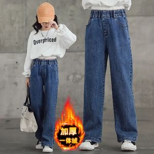 Mädchen Lose Breite Bein Jeans Winter Warme Kinder Verdicken Fleece Thermische Gerade Hosen Kind Elastische Mode Weibliche Retro Hosen 240103