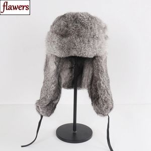 ユニセックスのふわふわした本物の天然ウサギ毛皮帽子冬ロシア人男性温かい帽子男性屋外帽子240103
