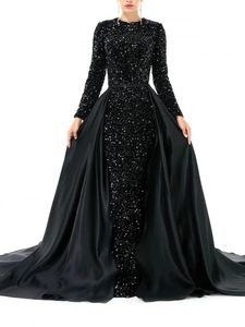 Black Mermaid Prom Party Dress 2024 Overskirt Long Sleeve Jewel Sequined Women Evening Pageant Gowns Formal Robe De Soiree