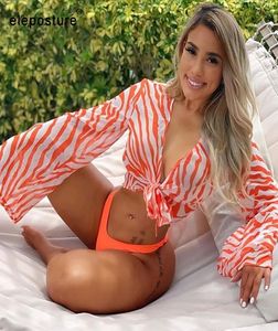 2020 Sexy Three Pieces Bikini Set Bell Sleeve Bikini Cover Up Swimwear Women Swimsuit Print Bathing Suit Beachwear Swimming Suit6908272