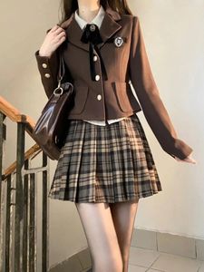 Skirts Winter Japanese College Style Jk Uniform Long Sleeve Blazer Plaid Pleated Half-body Skirt Bottom Shirt Set 2024