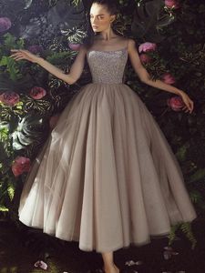 En çok satan kısa kadın balo parti elbisesi 2024 kayışlar boncuk payetler tül çay uzunluğu akşam resmi elbiseler vestidos de ziyafet