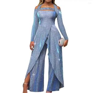 Women's Two Piece Pants Casual Wide Leg Jumpsuit Sequin Shiny Hollow Out With Halter Neck For Lady Party Prom Mid Waist Tight