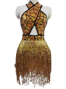 Stage Wear Shining Sequins Gold And Black Halter Sexy Backless Tassel Women Dress Hollow Out Dance Latin Costume Nightclub DJ
