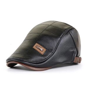 Retro PU Leather Beret Hats For Men Autumn Winter Faux Hat Middleaged Mens Visor Warm Flat Peaked Cap Adjustable 240103