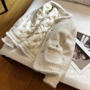 Piumino da donna invernale in pelliccia di visone cuciture ispessimento piumino d'anatra bianco fodera in tweed 240104