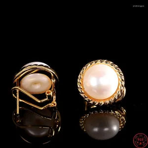 Orecchini con clip in argento sterling S925 per le donne, gioielli con clip per orecchie di perle placcate in oro alla moda