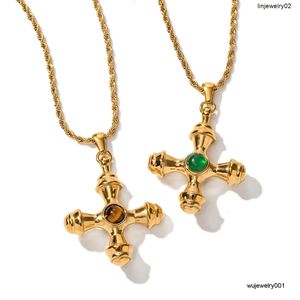Retro PVD Gold Plated Twisted Long Chain Stainless Steel Inlaid Agate Gemstone Cross Pendant Necklace for Women