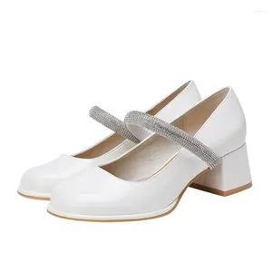 Dress Shoes Large Size 31-43 High Heels Square Head Thick Heel Rhinestone Mary Janes Women White Black