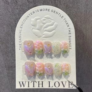 Handgjorda rosa pressar på naglar Handfärg Koreanska falska naglar med lim medellängd full täckning nagel spetsar akryl manikyr för flicka 240104