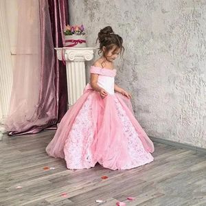 Mädchen Kleider Elegante Rosa Applikation Schulterfrei Tüll Puffy Mit Schleife Blumenkleid Für Hochzeit Kinder Geburtstagsfeier Erstkommunion Kleider