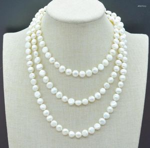 Halskette-Ohrringe-Set mit klassischer Pulloverkette. 8–9 mm natürliche weiße barocke Perlenkette. Wunderschöner PARTY-Damenschmuck, 120 cm