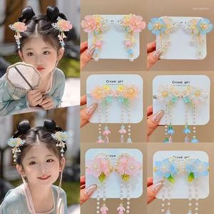Accessori per capelli 2 pezzi bellissimo stile cinese per bambini ragazza forcina copricapo nappa nastro fiori per bambini clip di perle copricapo