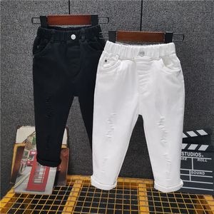 Meninos 'jeans edição branco cavernas quebradas cowboy calças jeans crianças bebê menino crianças denim streetwear 240103