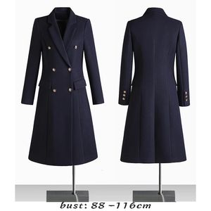 Trench lungo in misto lana di alta qualità per donna, abiti eleganti invernali doppiopetto di grandi dimensioni - nero grigio blu 240104