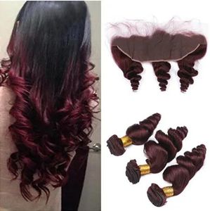 Wefts Loose Wave Wavy #99J Wine Red Brasilian Virgin Human Hair With Frontal 4PCS Lot 13x4 Bourgogne Lace Frontal Stängning med buntar