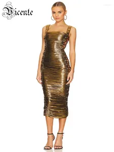 Повседневные платья VC для коктейльной вечеринки для женщин, сексуальные бретели на тонких бретельках с металлической шнуровкой, тонкая драпированная миди, золотая клубная одежда