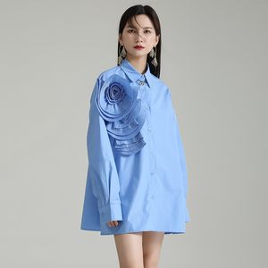 Плиссированное платье-рубашка с трехмерными цветами и длинными рукавами, осеннее новое легкое роскошное свободное шикарное платье для женщин