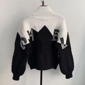 Designer tröja vinter lyxig kvinnors kofta turtleneck svartvit bokstavskontrast färg stickkläder broderi hantverk storlek-s-xl