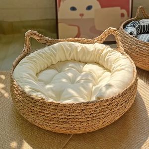 Four Seasons Cat Bed Woven Borttagbar klädsel Sleeping House Scratch Floor Rattan Washable Cats Pet Products Accessories Y240103