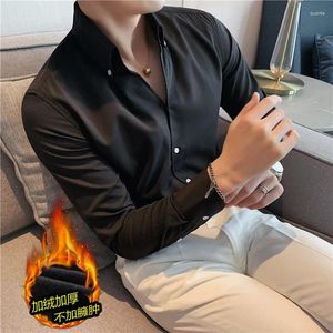 Camisas casuais masculinas vestido de alta qualidade grosso inverno quente manga longa camisa social coreano roupas de luxo fino ajuste v pescoço blusas